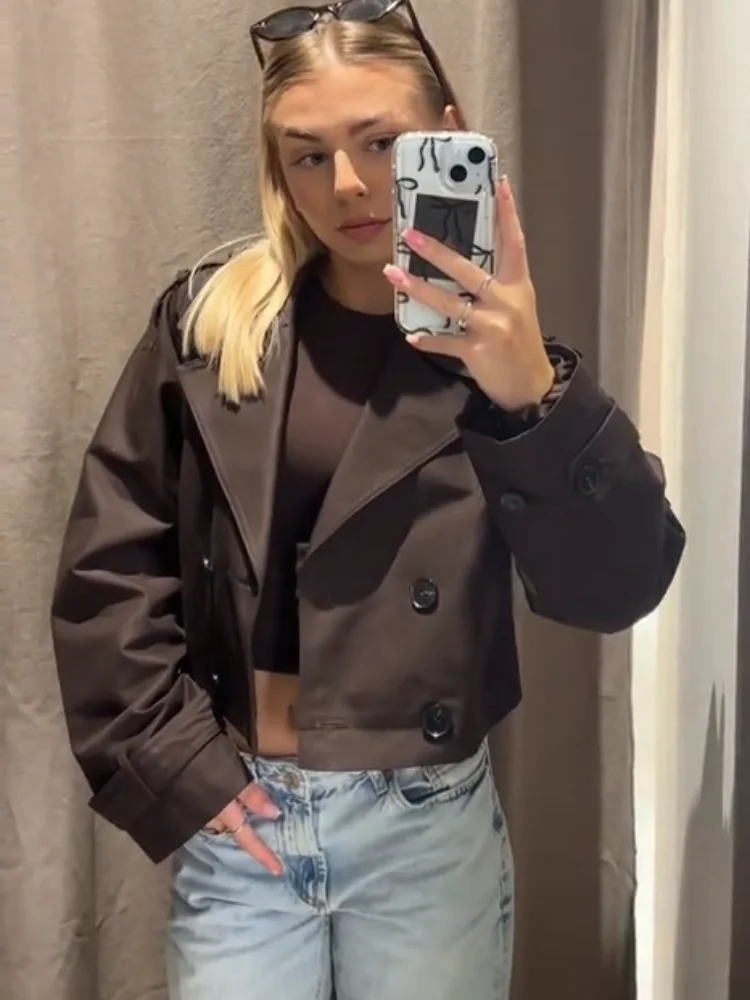 Abrigos cortos sueltos de Color liso para mujer, chaqueta de manga larga con solapa y doble botonadura, chaquetas nuevas informales de moda para primavera y otoño para mujer