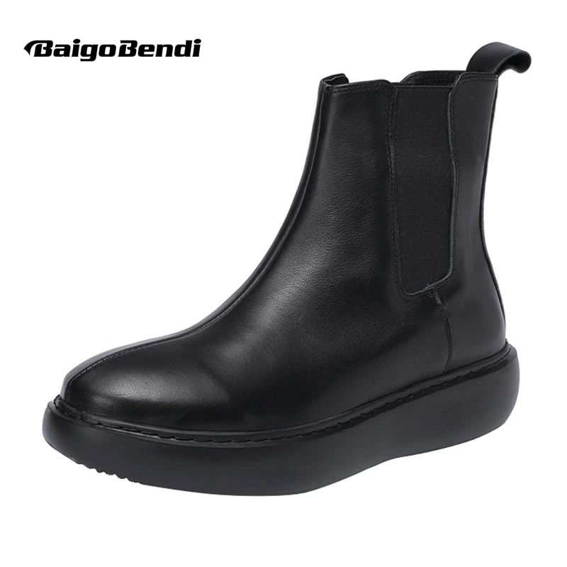 US Size Men's Pull On Light-weight Soft Leather Ankle Boots Cool Pure Black Mature Men Winter Casual Shoes