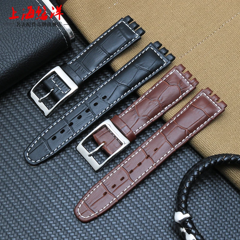 Black Brown 17mm 19mm 23mm Waterproof Genuine Leather Watch Strap Band For Swatch Alligator Pattern Leather Belt watchband