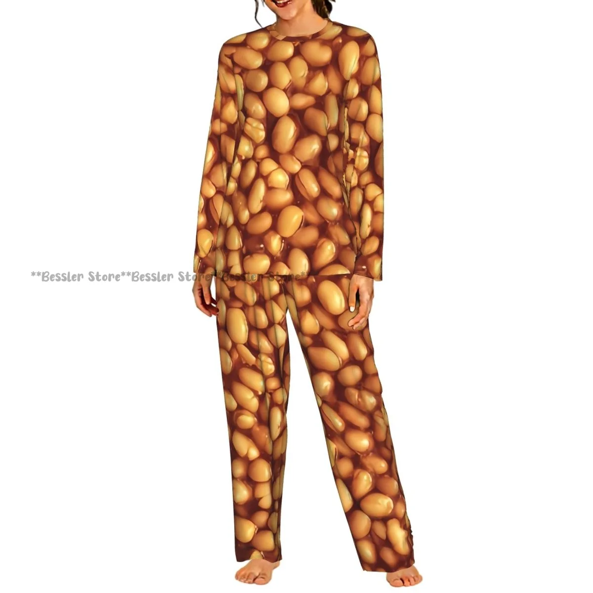 Women Round Neck Pajamas Set Baked Beans Background Long Sleeve Tops + Long Pants