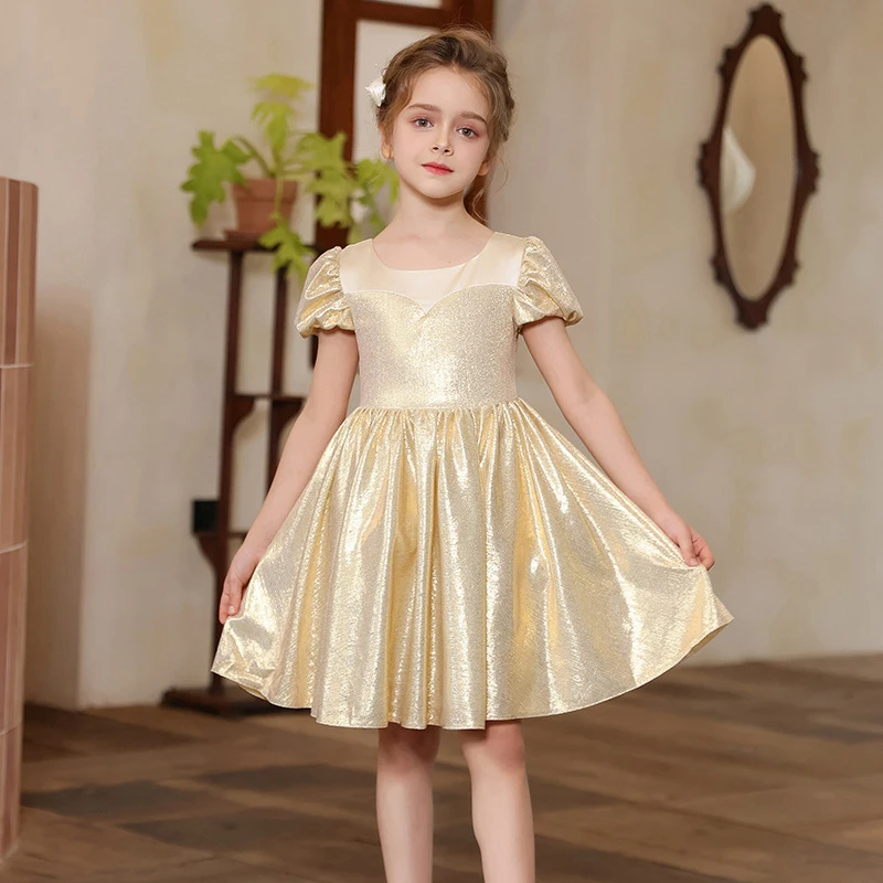 

Elegant Gold A-line Flower Girls Wedding Dress Children's Fashion Puff Sleeve Skirt for Wedding Party Piano Performance Costume