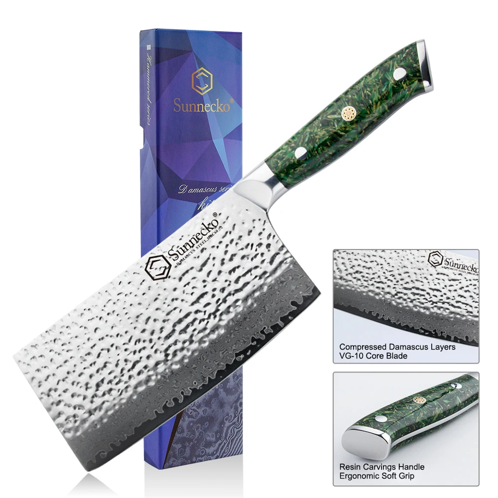 SUNNECKO Chinese Meat Cleaver 7'' Inch Chopping Knife Damascus Steel Cutting Splitting Meat Bone Fish Mincing Tools Gift Box