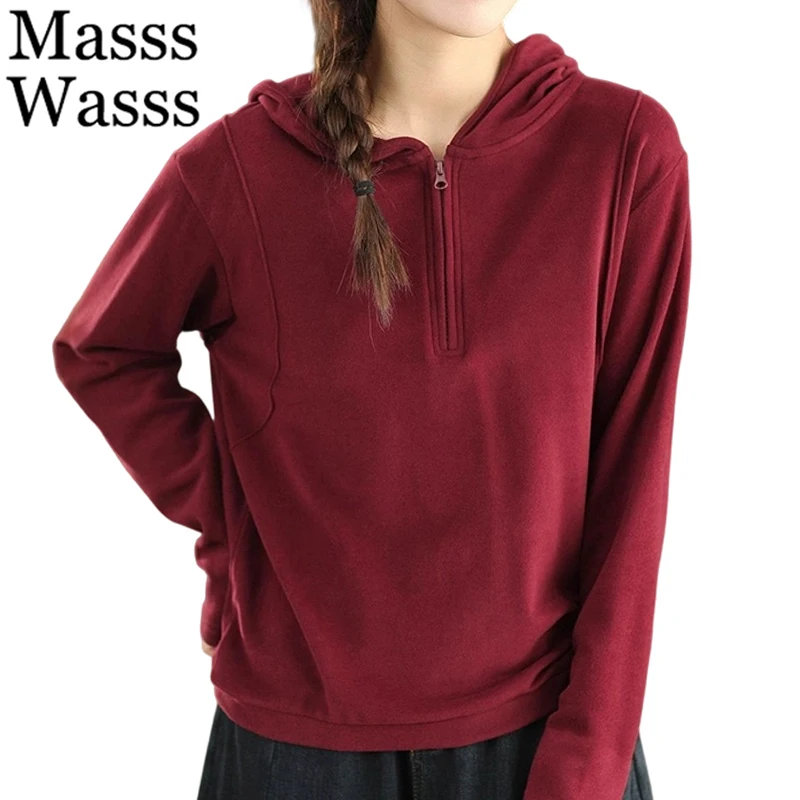 

Mass Wasss 2025, зимние корейские однотонные футболки с капюшоном, женская свободная модная одежда для отдыха, женские классические элегантные винтажные топы