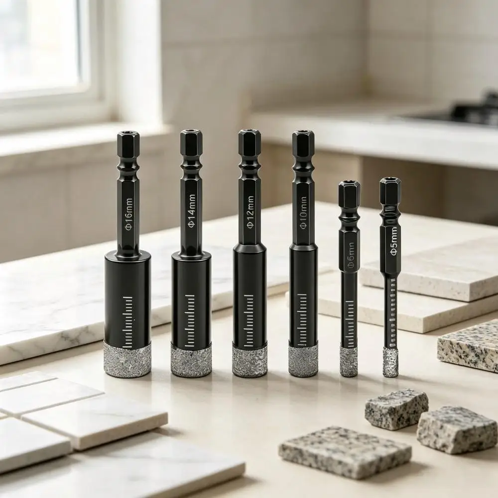 5‑PCS 5/6/8/10/12/14/16mm Vacuum Brazed Diamond Core Drill Bits,Hex Shank Dry Saw for Ceramic Tile Granite Marble Stone Drilling