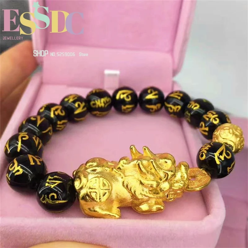 

New Style Vietnamese Sand Gold Pixiu Coin Charm Natural Six Words Black Onyx Beaded Bracelet for Fashion Men Wholesale