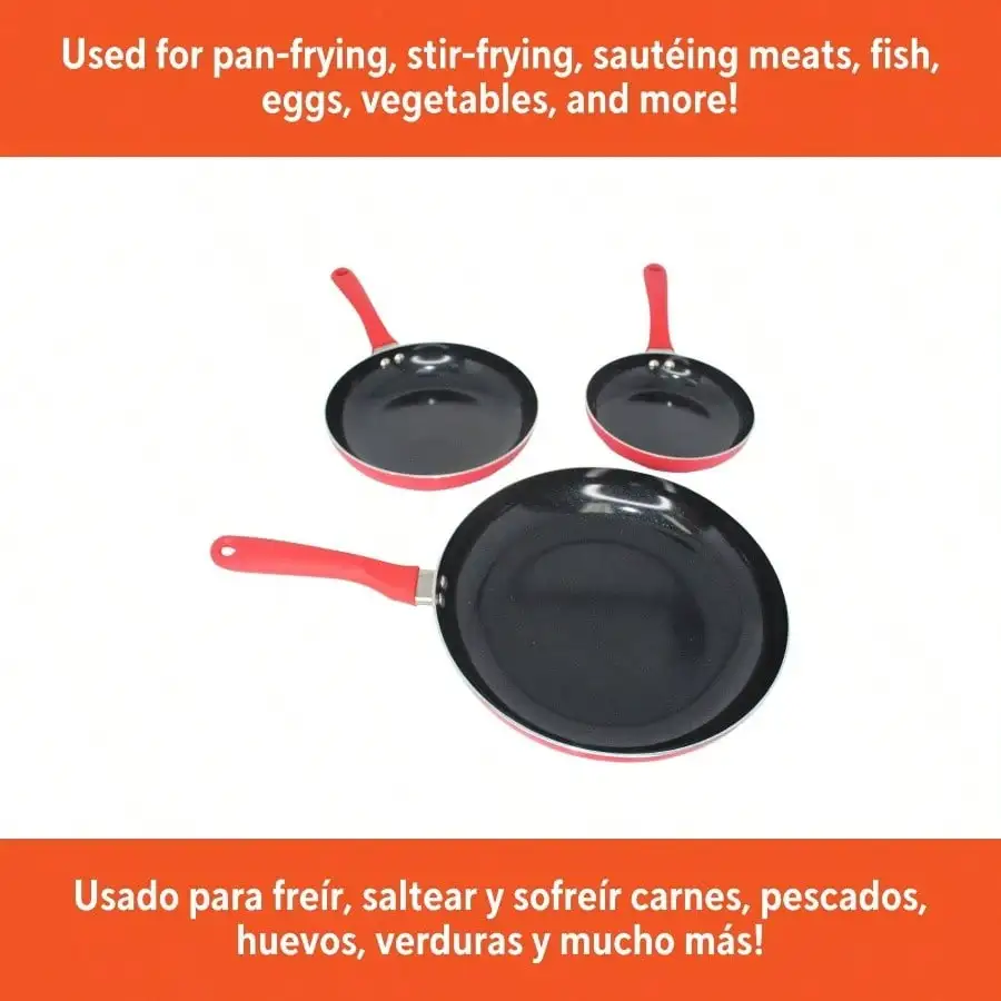 طقم أواني طهي سيراميك غير لاصقة مكون من 3 قطع 7 بوصات/9 بوصة/11 بوصة، مع مقابض تبقى رائعة، ألومنيوم، أحمر