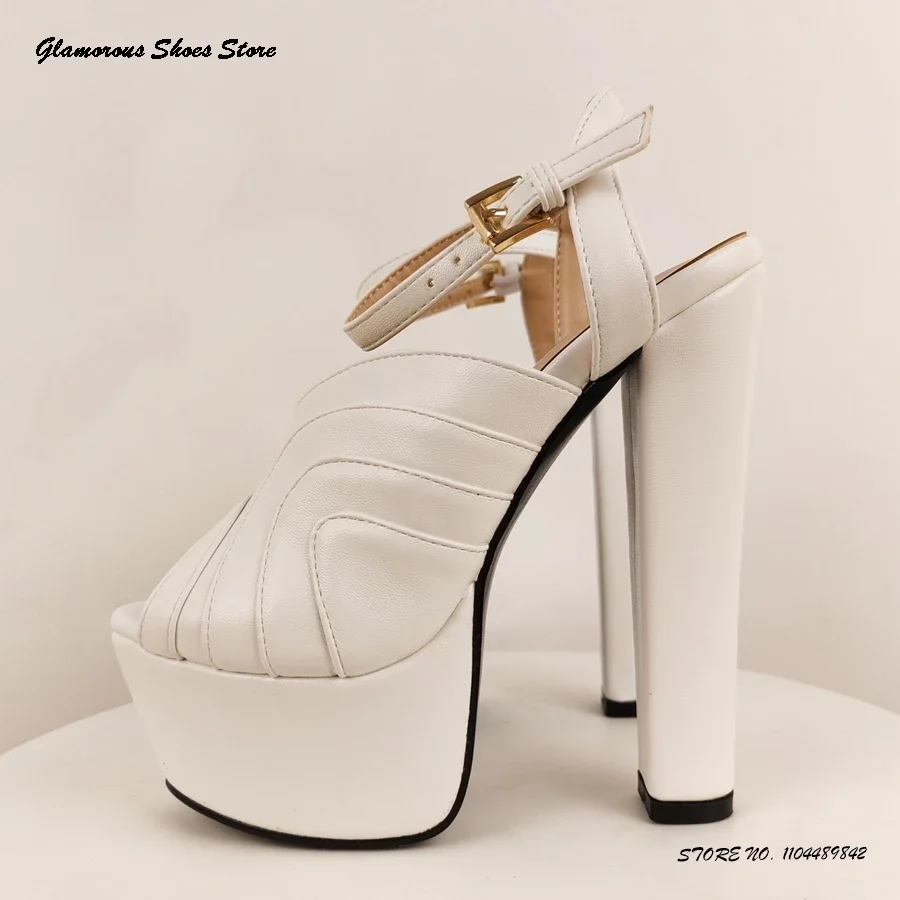 

Ankle Strap Leather Platform Sandals Women's Round Open Toe Chunky Heel Party Shoes Summer Fashion Catwalk Runway High Heels