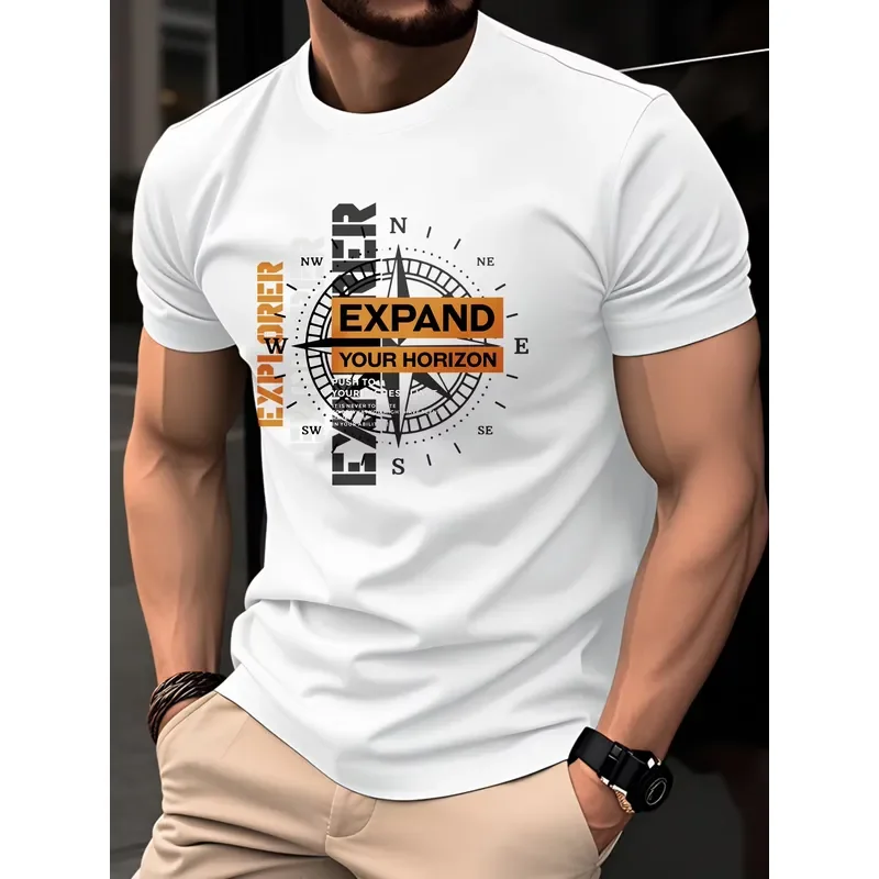 100% Cotton Men's T-shirt Summer Trend and Fashion Round-neck Breathable Casual Daily Guide Compass Pattern Letter Print