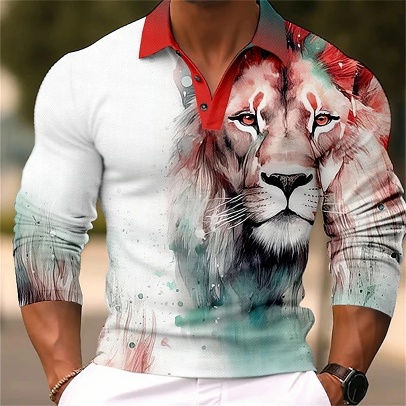 New Summer Men Long Sleeve Polo Shirt 3D Printed Lion Wlof Graphic Funny Polo Shirts Oversize Tops Tees Designer Outfit Clothing