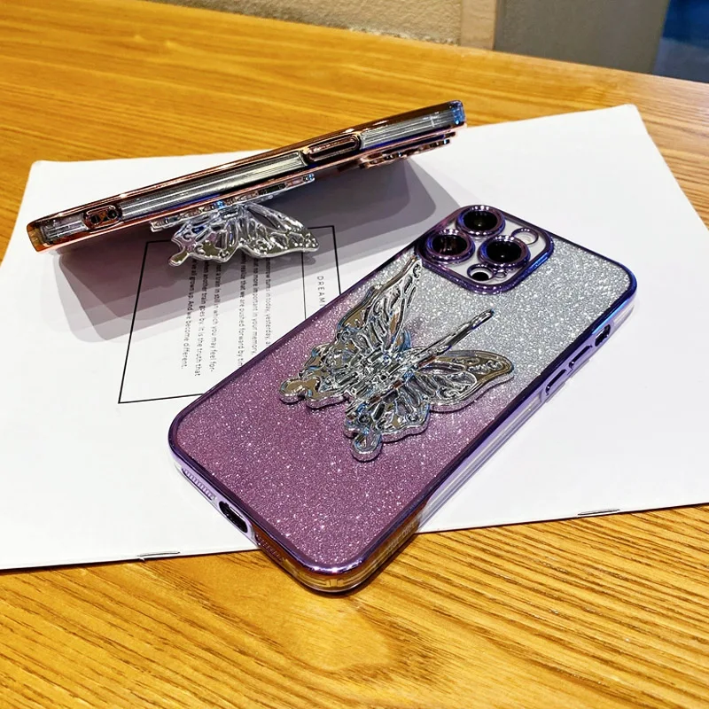 Glitter Plating Butterfly Holder Phone Case For Funda Oppo A60 A78 A58 A97 A16 A57 A79 A98 A96 A77 A91 A54 A74 A94 Bracket Cover