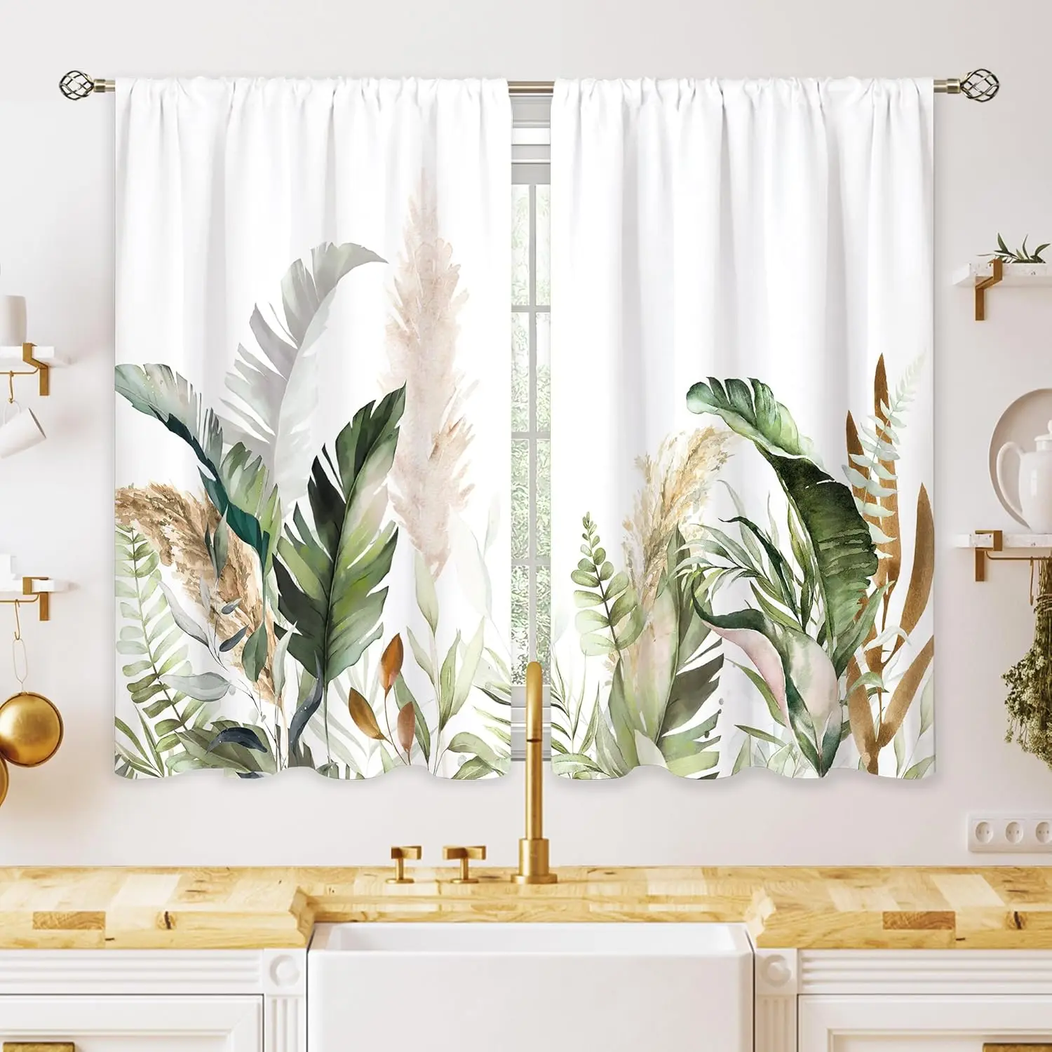 Tropical Plant Curtains Palm Leaf Pampas Grass Print for Kitchen Living Room Window Decor