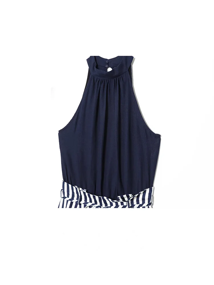 HH Women Autumn Fashion Crew Neck Belt Decoration Striped Jumpsuit Female Pockets Back Hollow Zipper Sleeveless Jumpsuit