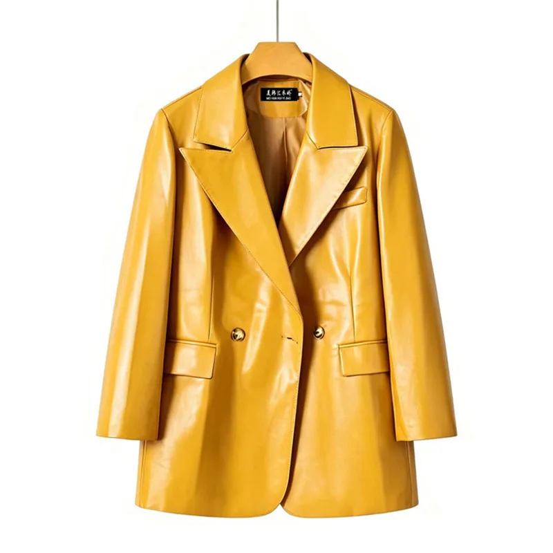 2026 New Fashion Leather Suit Jacket Women's Blazers Spring Autumn Double-breasted PU Leather Outerwear Female Slim Casual Coats