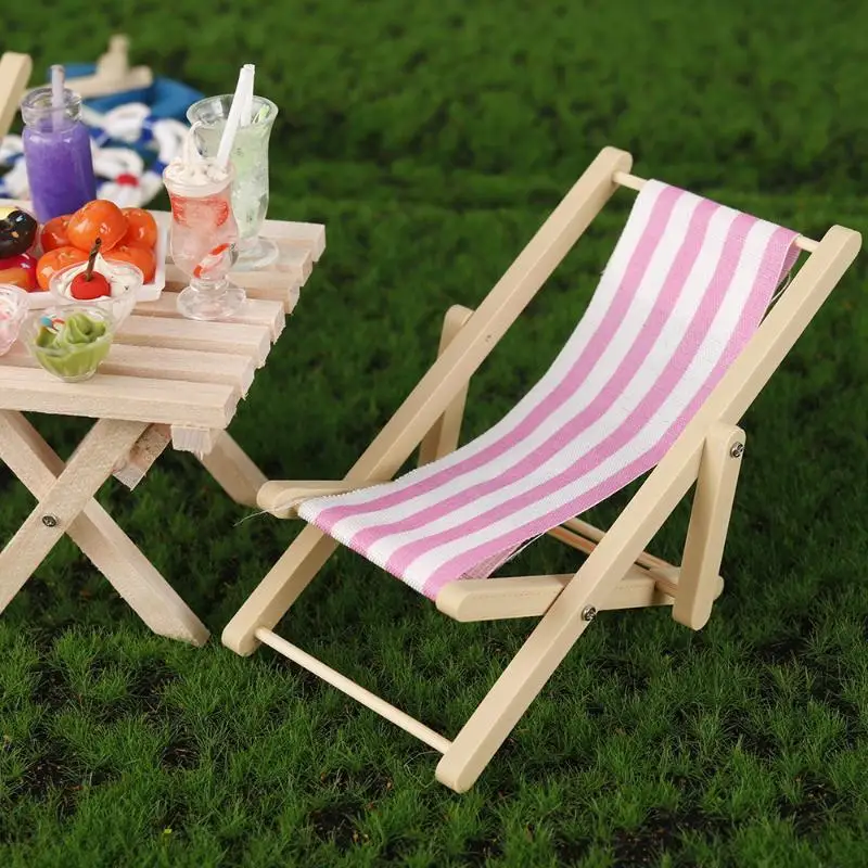 // 1Pcs 1:12 Dollhouse Miniature Beach Chair Toy Striped Plastic DIY Foldable Deckchair For Dolls Decor