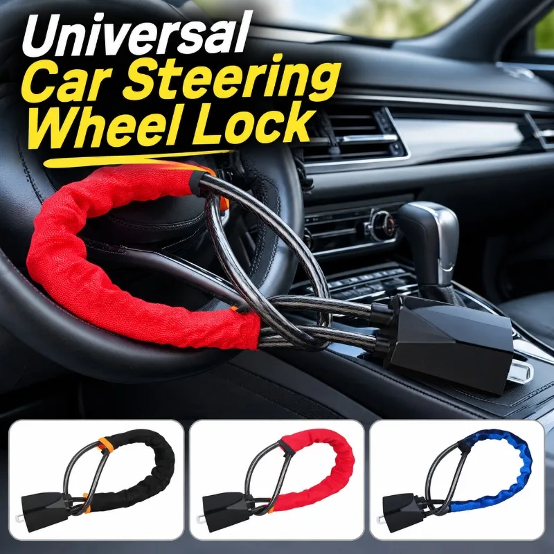 Car Steering Wheel Seatbelt Buckle Lock Steel Cable Wire Rope Wheel Anti-theft Lock Sturdy Metal Structure Secure Auto Parts