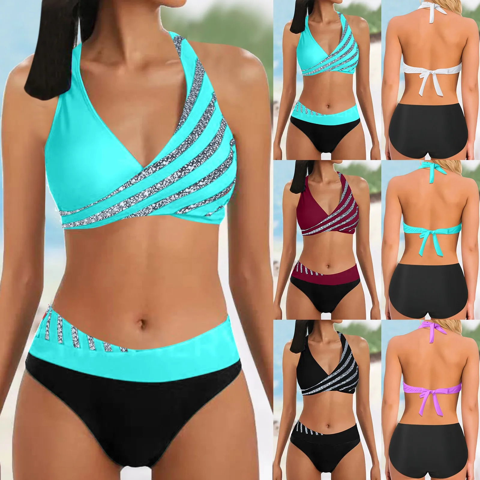 

Womens Stripe Bikinis Set Tummy Control Women'S Bathing Suits Halter Neck Triangle Bikinis Set Two Pieces Plus Size Beachwears