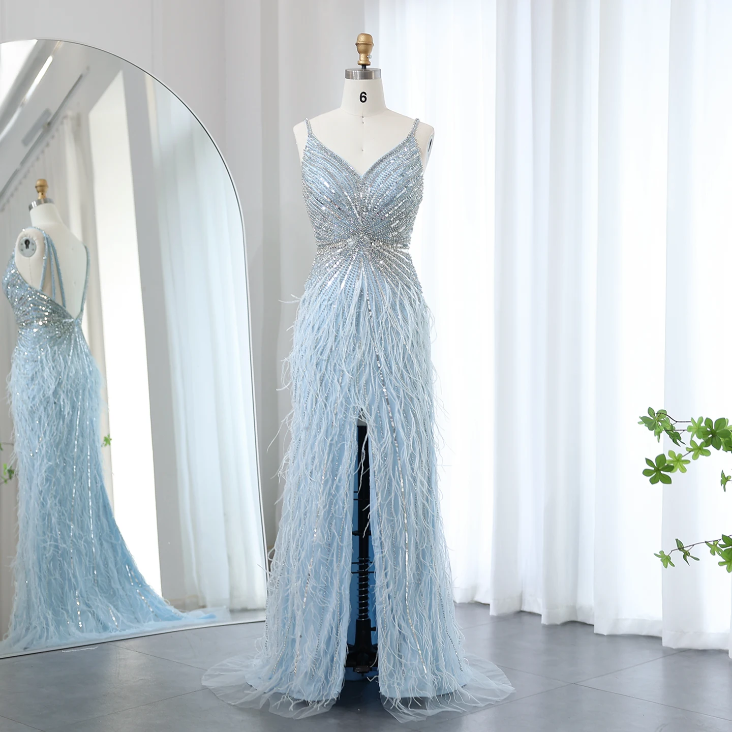 Sharon Said Dubai Luxuriöse Feder-Meerjungfrauenkleider in Silber für Hochzeiten, Blaues Arabisches Abendkleid, Partykleider SS004 Maßanfertigung – Detail 33