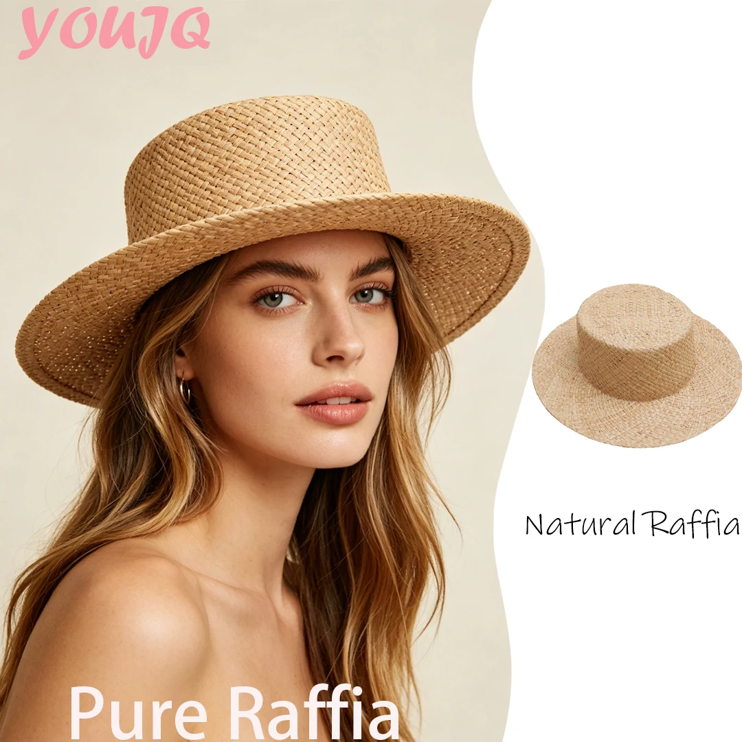 Sombreros de Rafia Pura de Ala Ancha Beige Unisex DIY para Mujer y Hombre, para Boda, Iglesia, con Pompón, Cinturón de Flores, Lazo, Sombrero Canotier, Sombrero Gambler de Verano