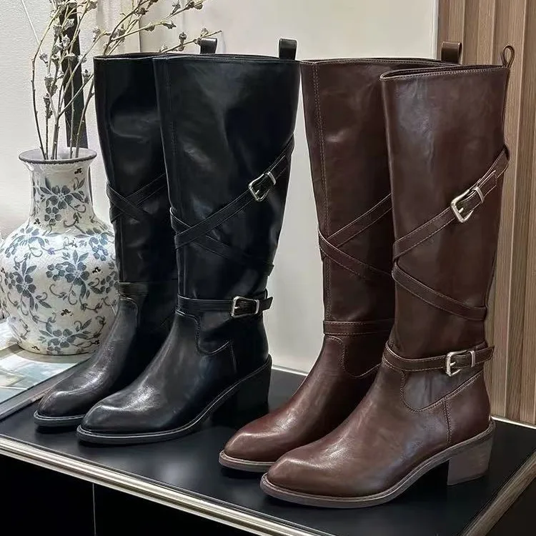 

Women Pointed Knee High Boots with Buckle Decoration Thick Heeled Leather Boots Outdoor Casual Women Boot Winter Comfort Boot
