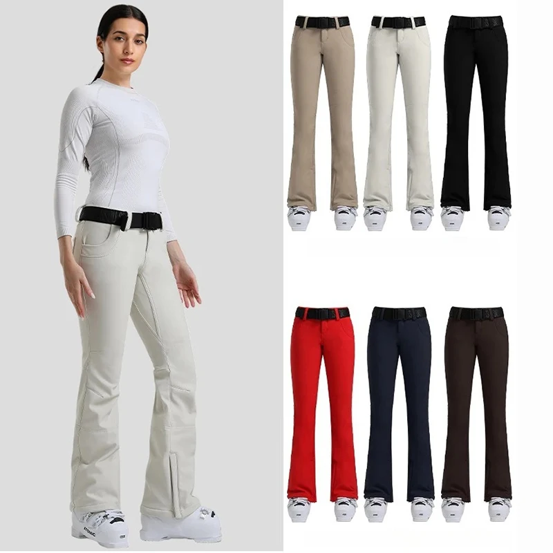 

New Women's Skiing Pants Stretch Slim-fit Dual-layer Insulated Professional Windproof Waterproof Breathable Solid Color Ski Pant