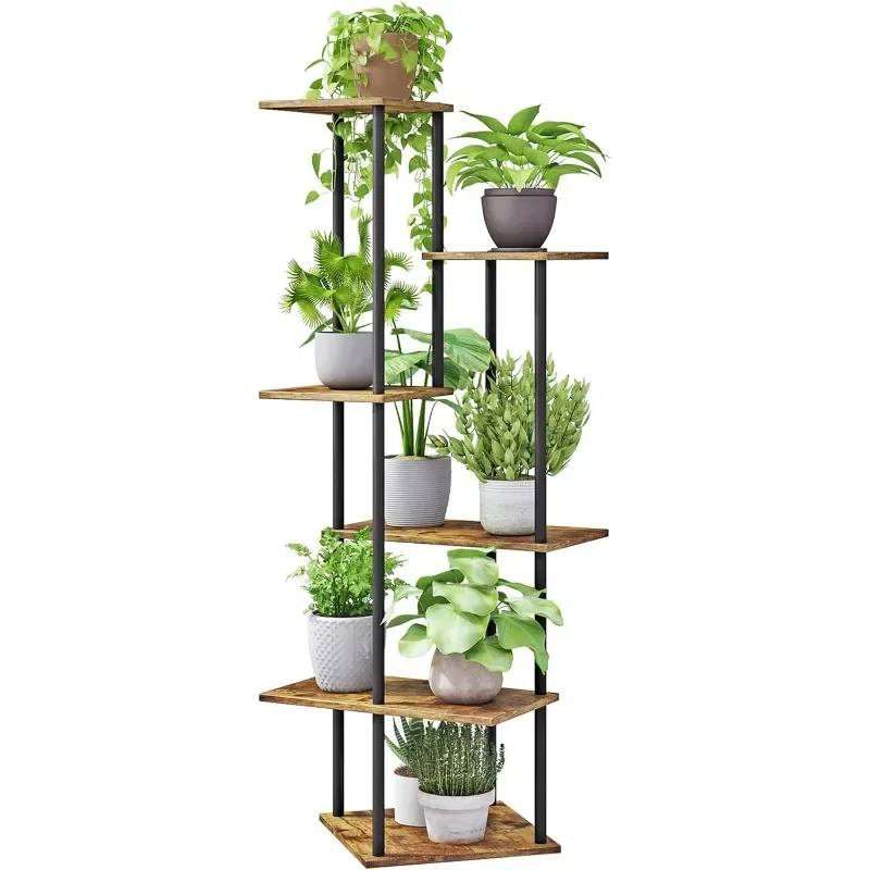 Plant Station Indoor 6 Layers of Metal Wood Plant Shelves for Multiple POTS, Corner High Flower Shelves