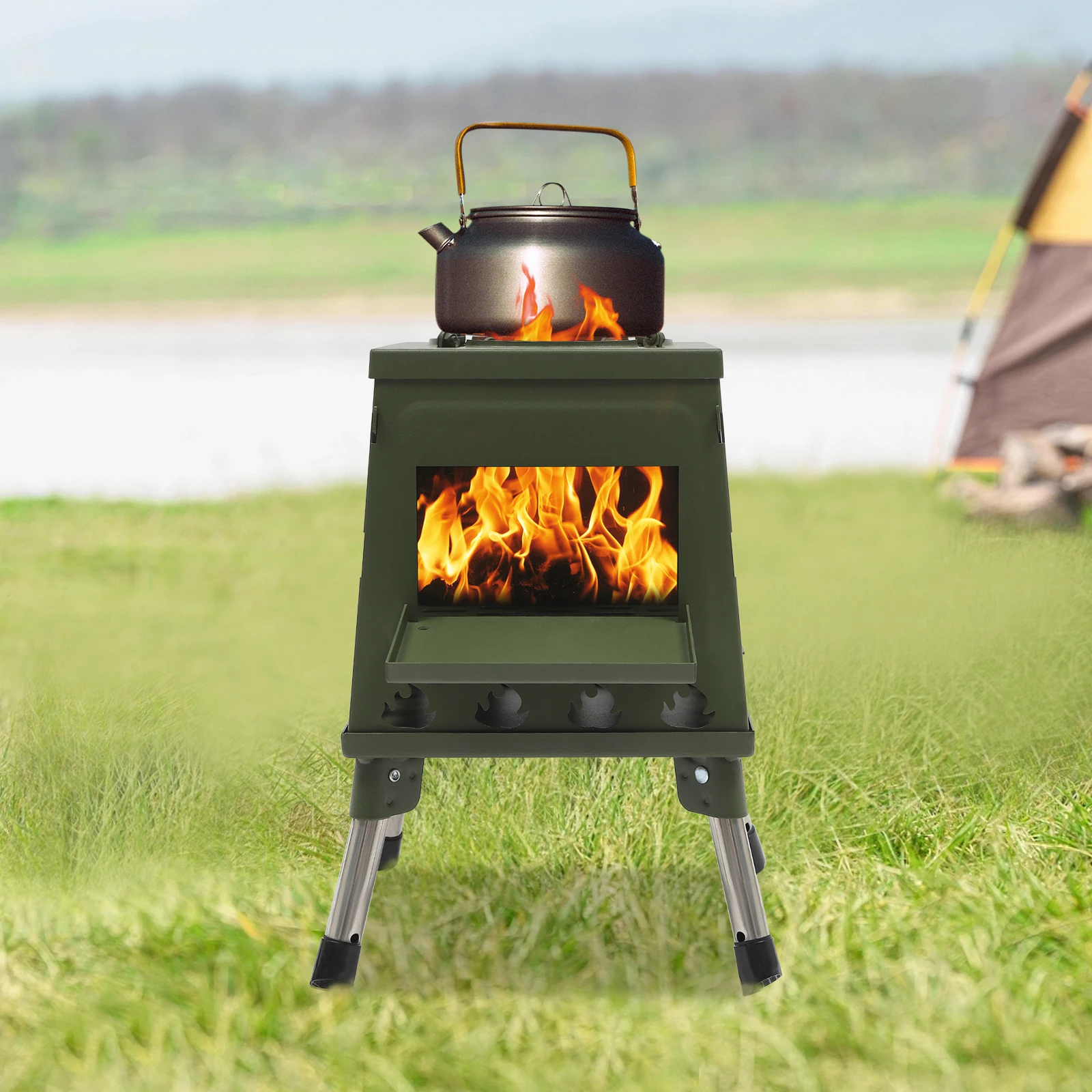 Bodenstehender Trapez-Mehrzweck-Holzofen aus Kohlenstoffstahl und Edelstahl, Zeltofen, 16 Belüftungsöffnungen für Camping, Rucksackreisen – Detail 5