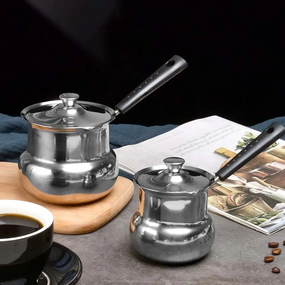 Stainless Steel Turkish Coffee Pot with Lid, Long Handle, Milk Saucepan, Anti-scalding, Chocolate Melting Pan, Camping