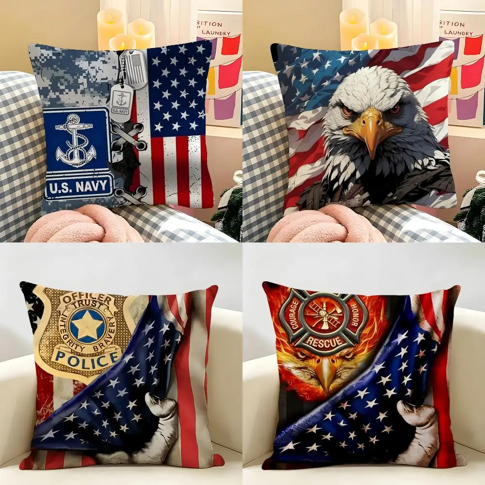 Emblem Usa Fire Police Military Cushion Cover Natural Linen Organic Fabric Double-Sided Printing Room Sofa Decor Pillow Case