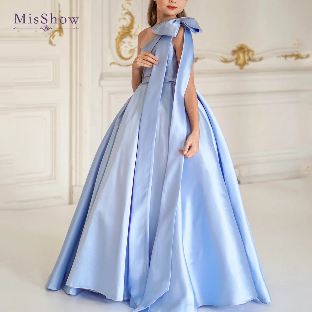 

MisShow Customized Flower Girl Dresses - Light Blue One-Shoulder Satin Gown with Bow, Elegant Princess Dress for Weddings Party