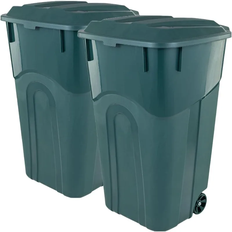 Heavy-Duty Construction, 32 Gallon Wheeled Outdoor   ECO Green, Perfect Back Yard, Deck, or Garage Trash Can, Pack of 2