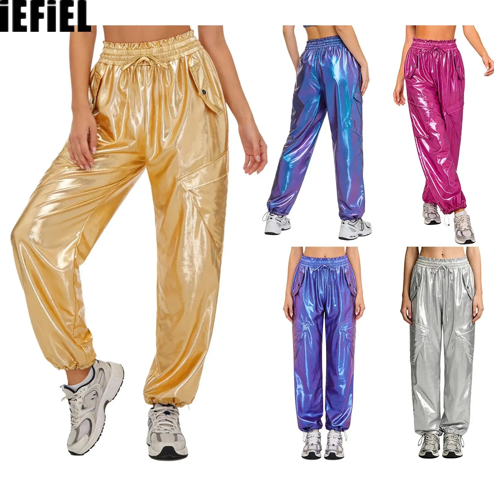

Womens Hip Hop Dance Pants Metallic Shiny Cargo Pants Widen Elastic Waistband with Ruffled Trim Multi-pockets Jogger Trousers