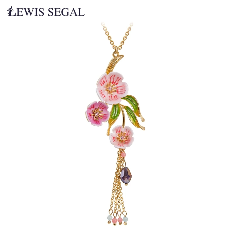 

LEWIS SEGAL Fancy Pink Purple Flower Tassel Necklace Pendant Y2K Style 18K Gold Hand-painted Enamel Fine Jewelry Women Girls