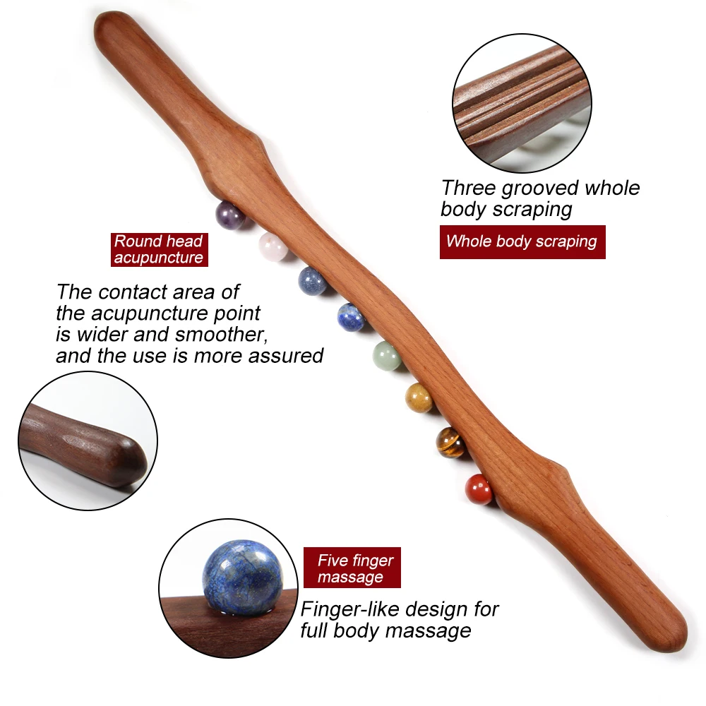 Hout Massage Stick 10 Jade Steen Kralen Massage Roller Houten Trigger Point Massage Tools Voor Rug Lichaam Schrapen Gua Sha Therapie