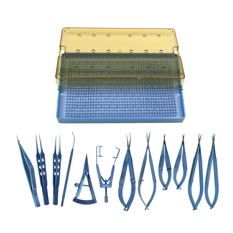 Eye Tools Needle Holder Curved Straight Venus Scissors Sterilization Tray Box Ophthalmic Surgical Instrument Set 13pcs