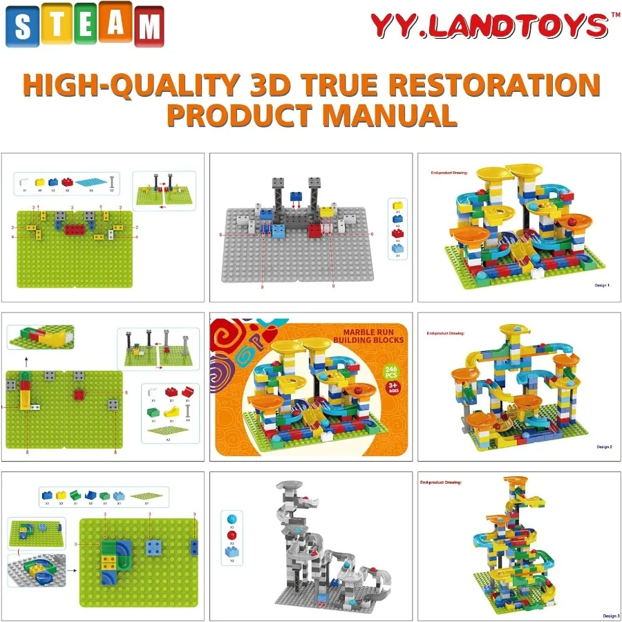 3in1 Marble Runs for 4-8 Building Blocks 246Pcs Classic Big Blocks Toys Set Compatible with DUPLO Lego Sets Marble Maze Race Tr