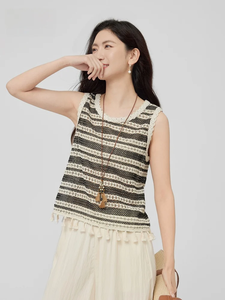 

Женский жилет в полоску с выдолбленным крючком и цветочным принтом, летний уличный топ с кисточками, круглый топ без рукавов для поездок на работу