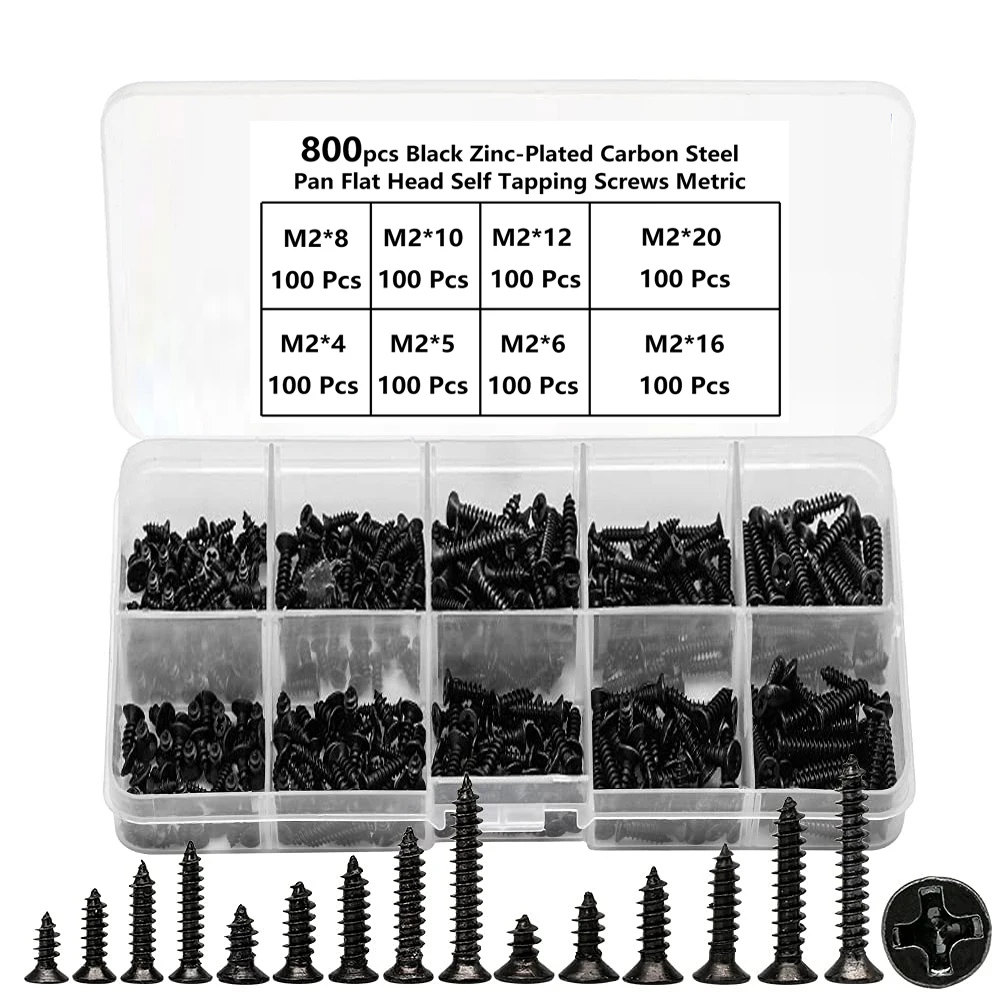 800Pcs M2 Flat Head Self-Tapping Screws Kit–Black Carbon Steel Cross Drive Fasteners, 4-20mm for Woodworking, DIY, Watches Ect.