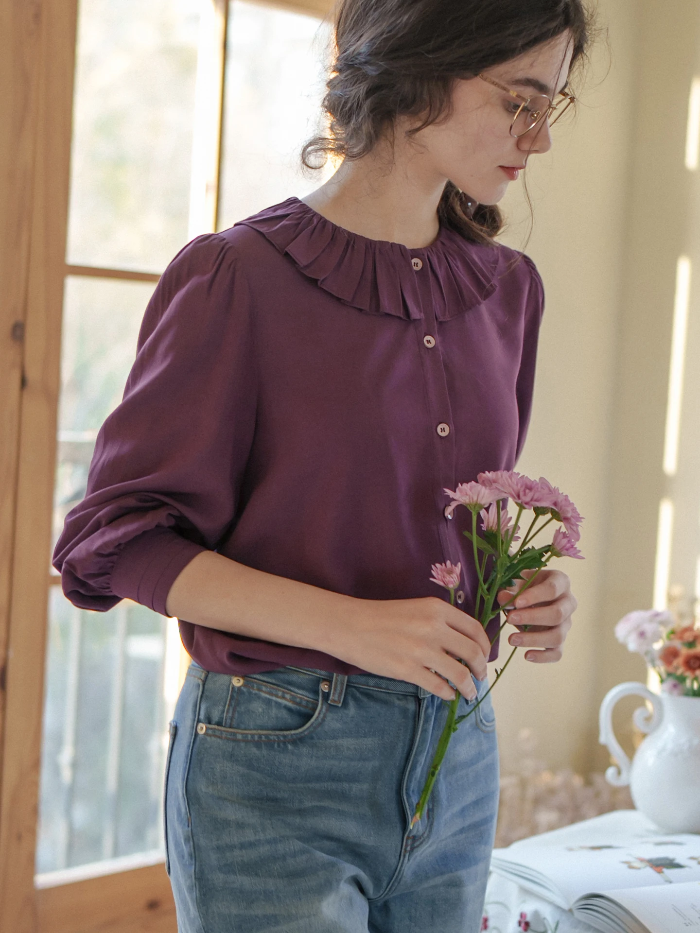 

Retro MarchNoon Women's Shirt with Lace Collar Bubble Sleeves Wooden Inner Wear French Style Loose Fit Long Sleeve Top