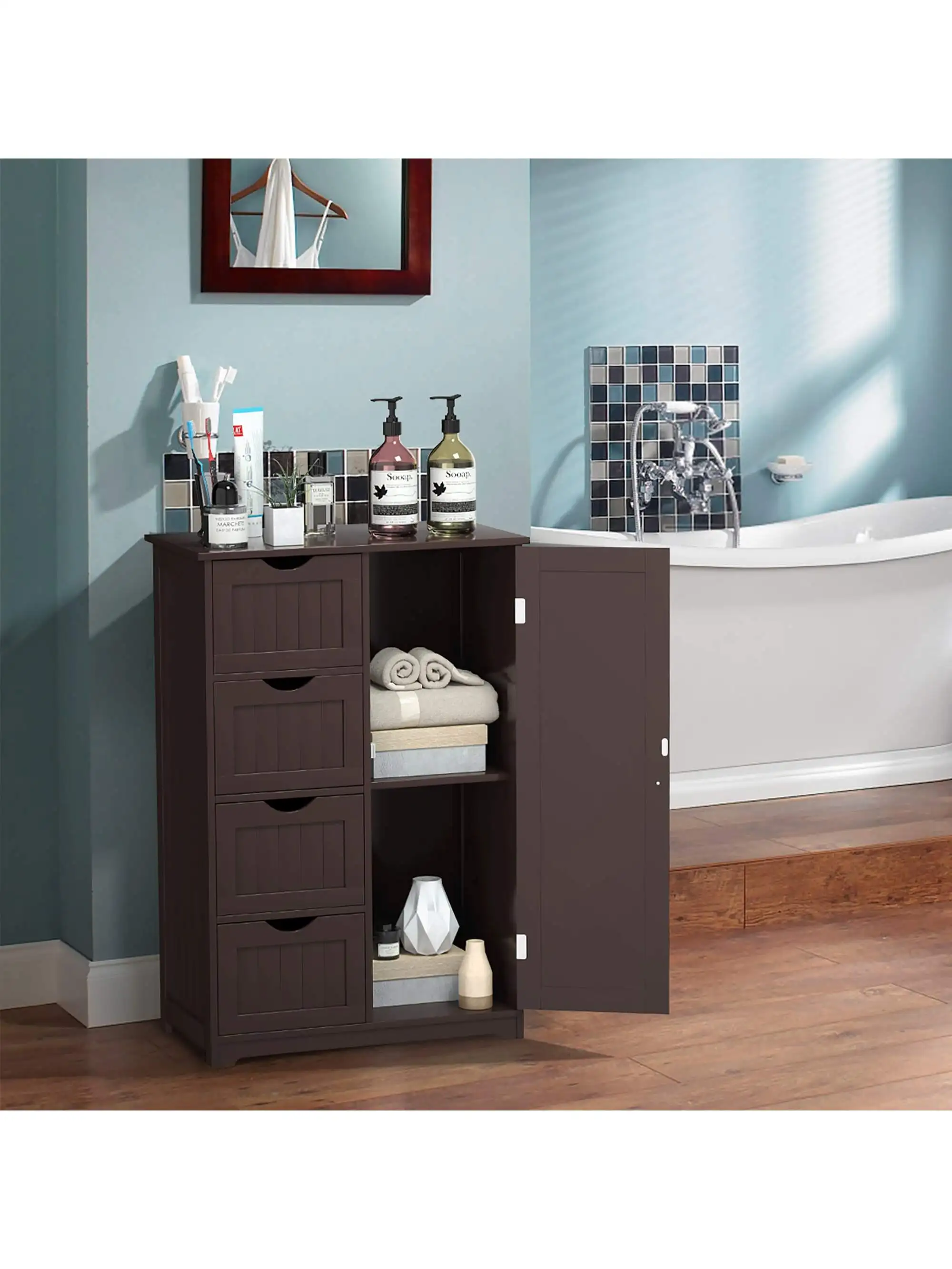 

Wooden 4 Drawer Bathroom Cabinet Storage Cupboard 2 Shelves Free Standing bathroom vanity cabinet