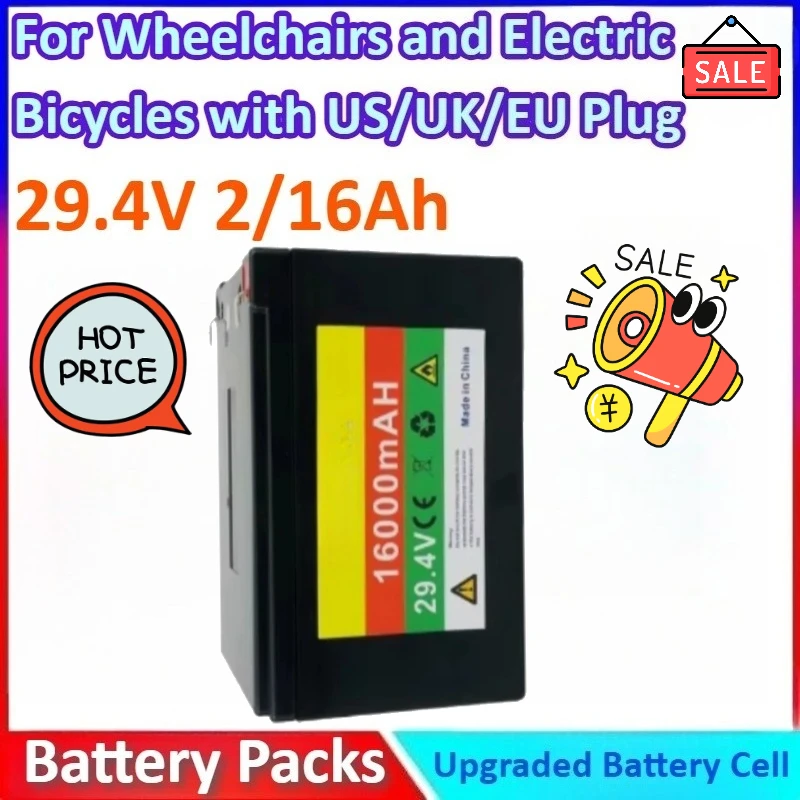 New 500W 29.4V 16Ah 7S5P General-purpose Lithium-ion Battery Pack for Wheelchairs and Electric Bicycles with 2A US/UK/EU Charger