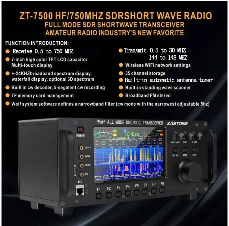 

2026 ZASTONE ZT7500 SDR 100W 0.5~750mhz Touch Screen Walkie Analog Wolf Short Wave Transceiver All Mode DDC DUC HF VHF 6M Car FM