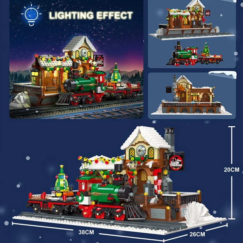 Street View Series Winter Train Station Building Block City Christmas Rail Train Model Bricks Toys For Kid Gift MOC With LED