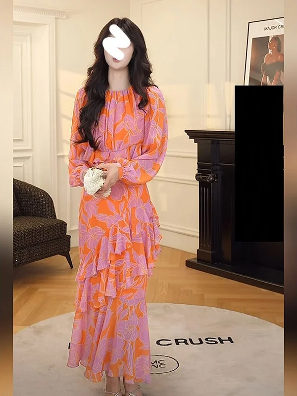 

Новинка: Осенняя повседневная женская юбка А-силуэта с высокой талией, приталенная, с романтичным оранжевым цветочным принтом, длинная рукава