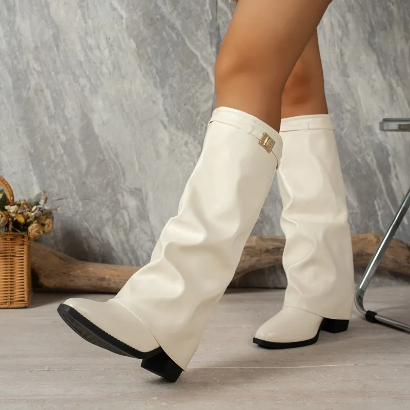 Spring Autumn New Simple Style Women's Knee High Boots 2026 Fashion Pointed Toe Fold Cuff Design Chunky Heel Casual Women Boots view 5