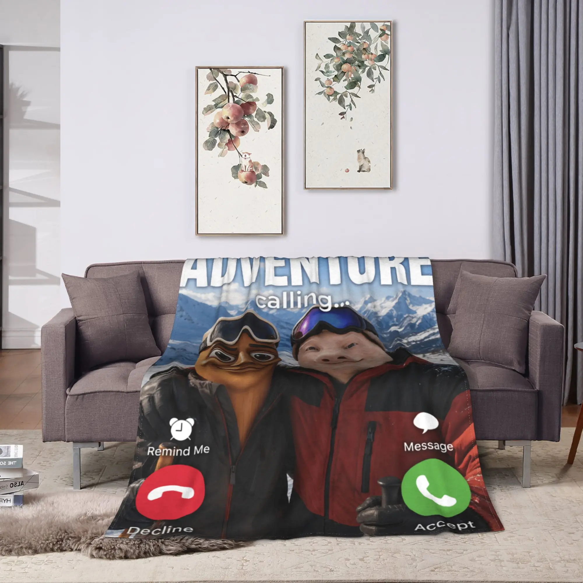 Winter Downhill Ski Trip John Pork Tung Sahur Calling Meme Blanket Winter Soft Throw Blanket For Child Bedroom Flannel Bedspread