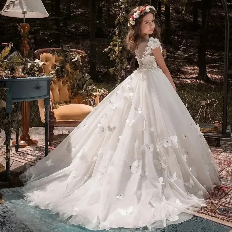 

White Flower Girl Dress Tulle 3D Floral Butterfly Floor Length Baby Princess Party Gown Fairy Kids Dance First Communion Dress
