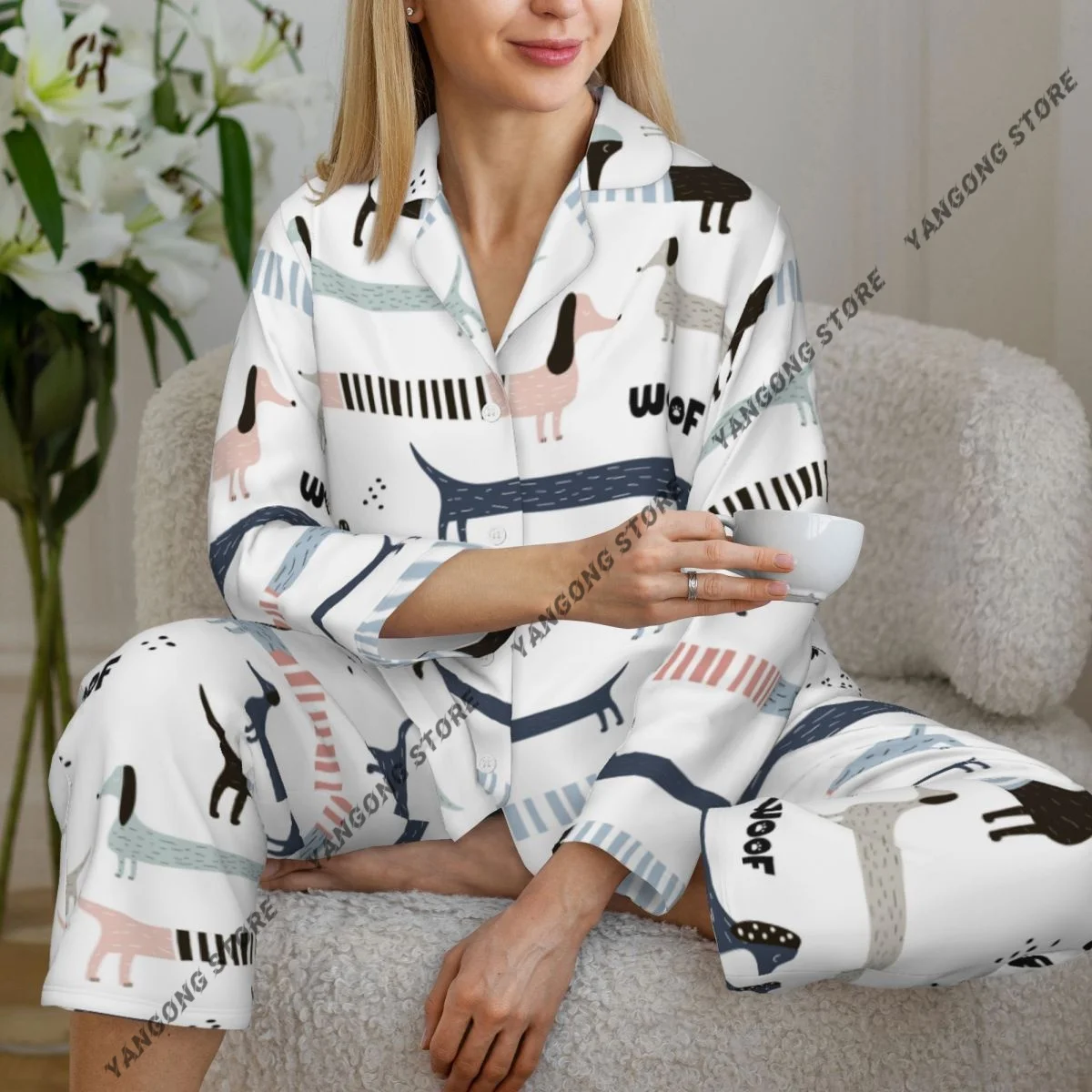 

Весенне-осенний пижамный комплект, женские брюки с длинными рукавами, комплект из двух предметов с милой скандинавской собакой для домашнего интерьера