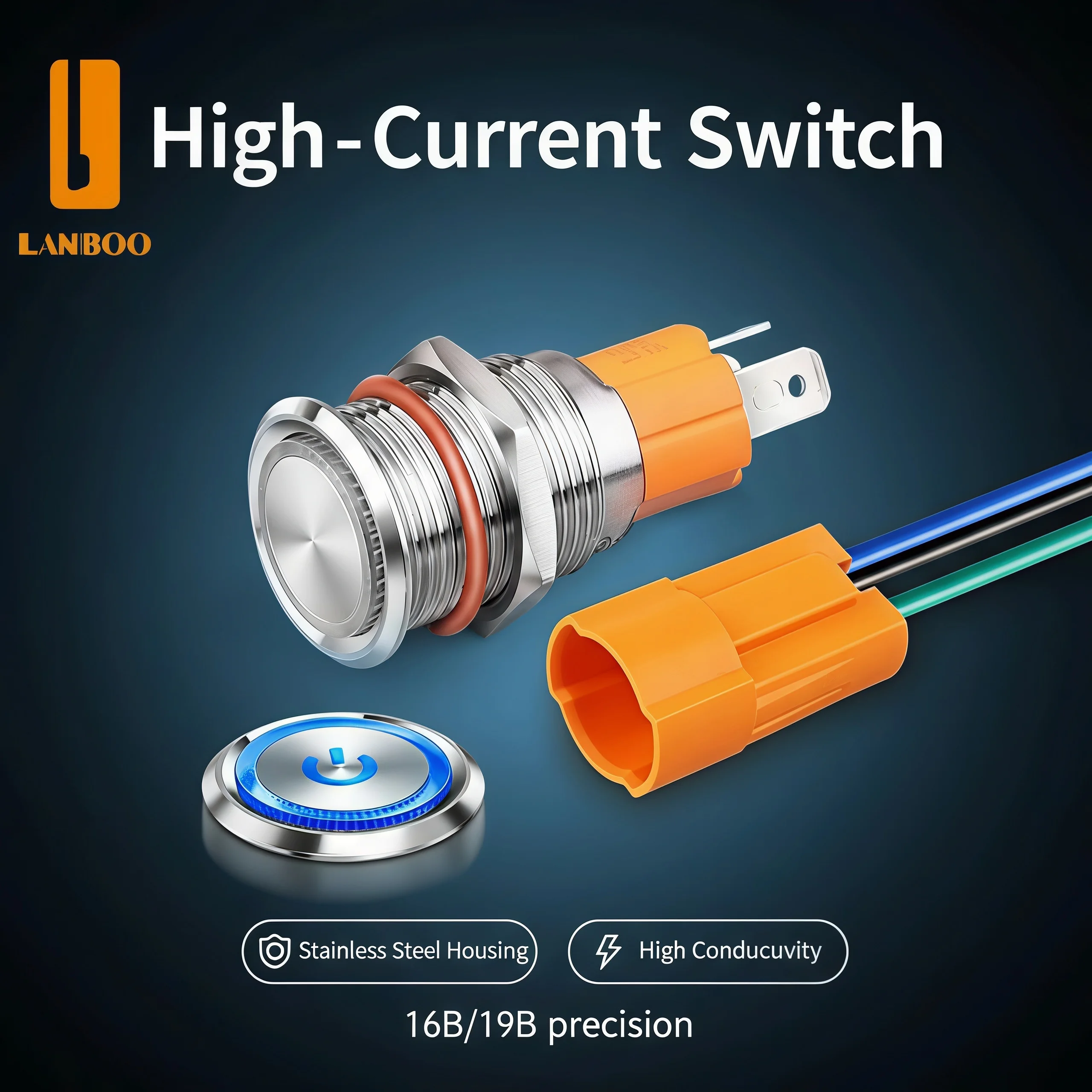 LANBOO 16mm 19MM High Current 10A High-Power 12V110V 24V 220V LED Light Latching Momentary Self-Lock Push Button Switch