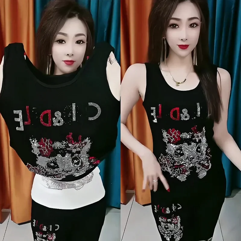 Fashionable Ladies Heavy Duty Hot Diamond Vest T-shirt Stretch Summer Suspenders Sleeveless Top Slim Fit Casual Bottoming Shirt