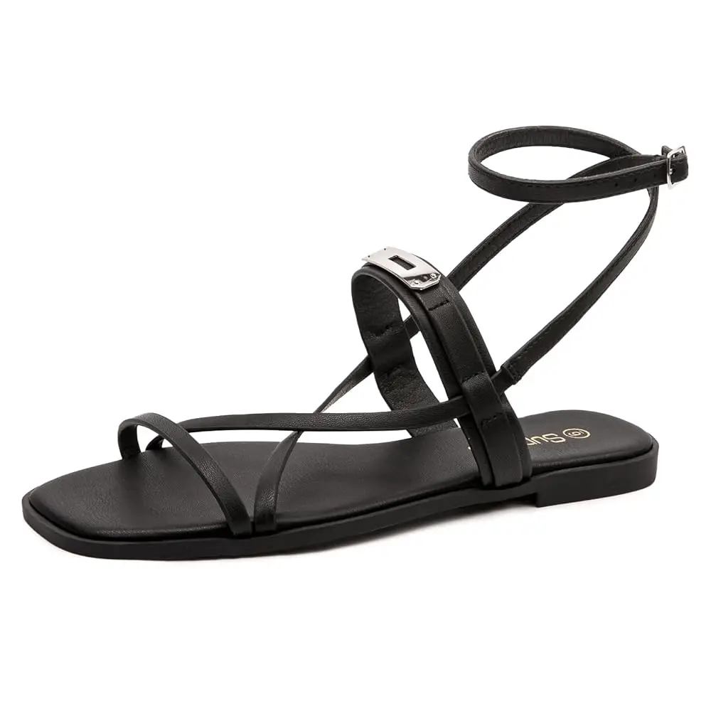 

Women's Ankle Strappy Flat Sandals Comfort Gladiator Sandals Summer Casual Dressy Slides Open Toe Adjustable Buckle Slippers